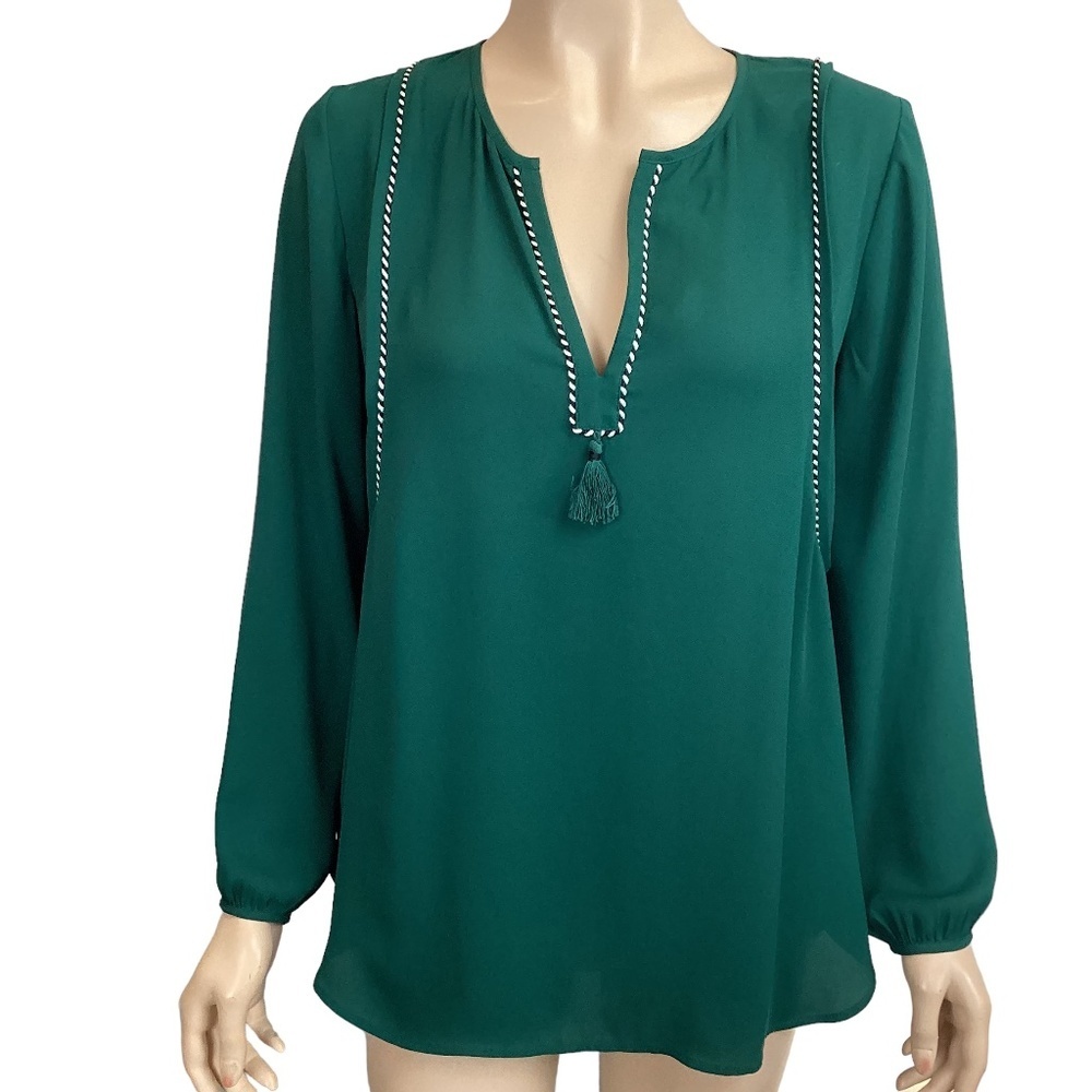 J Crew green Tassel Trim popover‎ blouse size 2